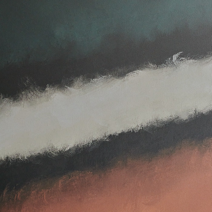 A closeup of the Helia Abstract Print, a dramatic print of coral, inky blue and white tones on a black background.
