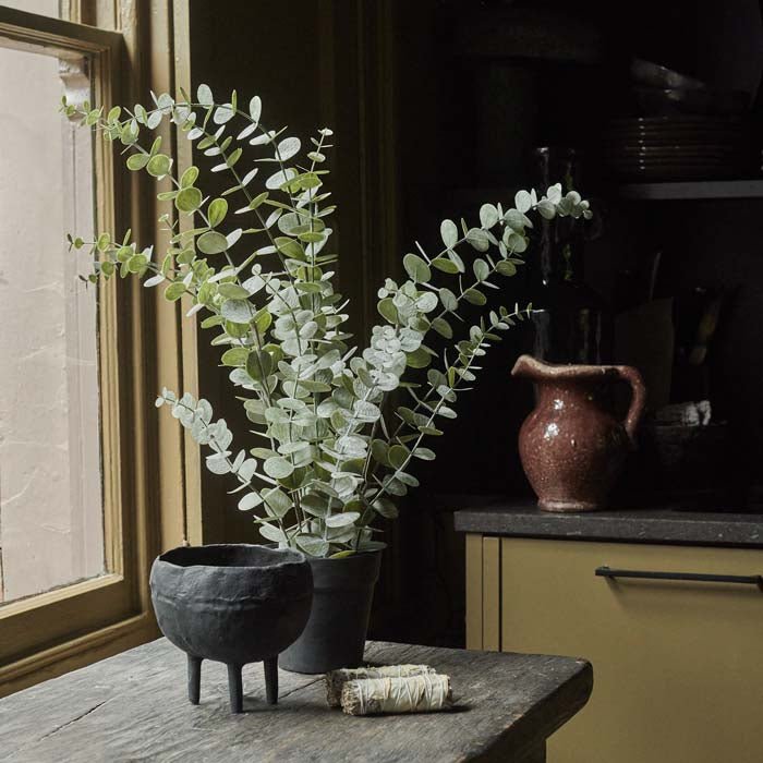 Artificial eucalyptus silver potted faux fake plant green grey black pot realistic home decor styled