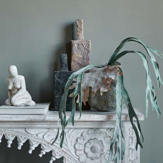The lovely soft green paint colour has been styled on a carved console with a staghorn fern stem and some rustic vases. Designer paint for walls and ceilings. 