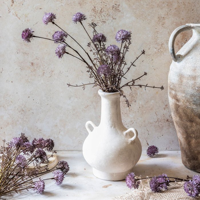 Artificial melaleuca purple faux fake flower vase bouquet botanical realistic home decor arrangement