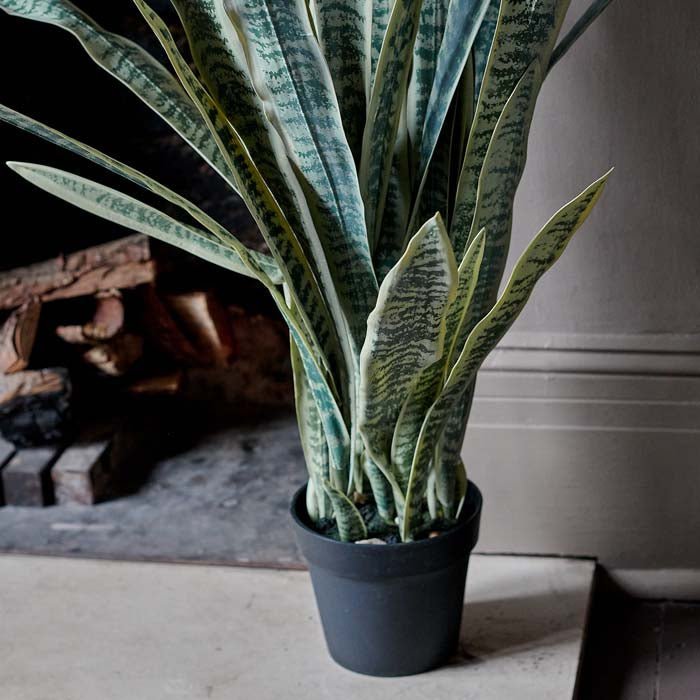 The Artificial Snake Plant in Pot, a tall faux plant with long light green pointed leaves in a small dark grey pot.