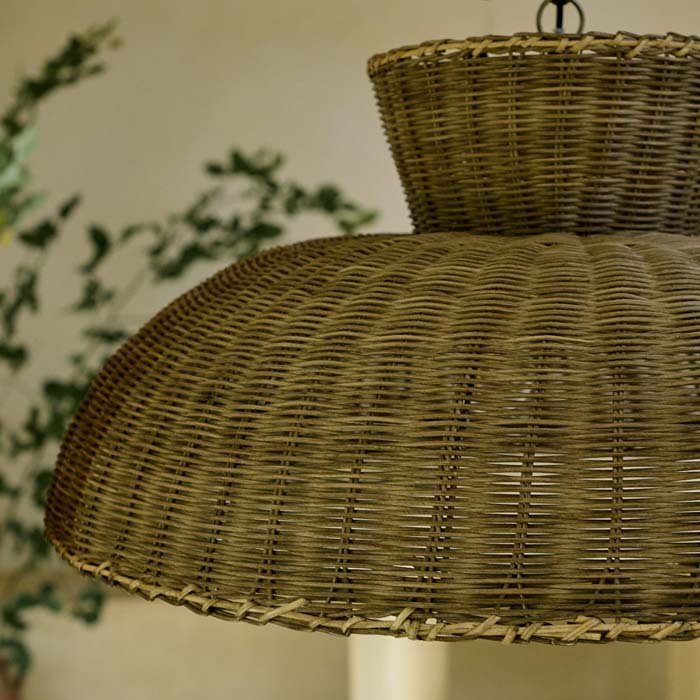 A closeup of the woven detailing on the Hesket Rattan Pendant.