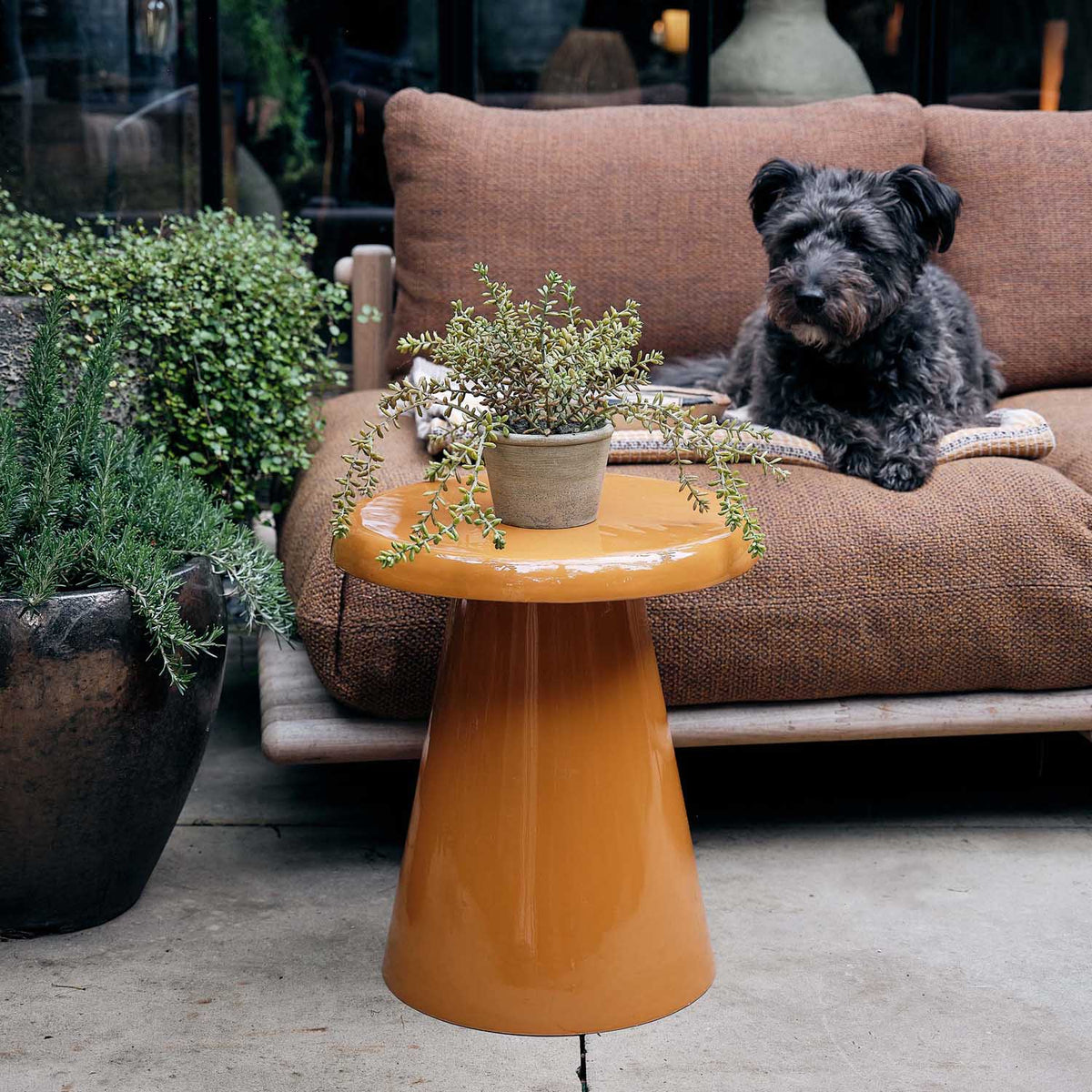 Abigail Ahern Monroe Enamel Side Table in ochre yellow with a round tabletop and sculptural metal base, adding a vibrant pop of colour to contemporary interiors and exteriors