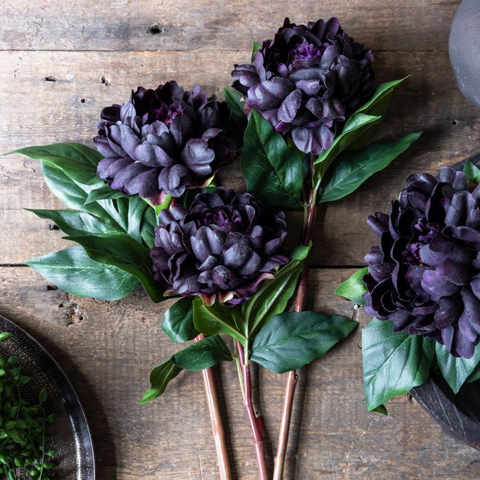 Artificial peony purple faux fake flower stems botanical realistic home decor arrangement flatlay