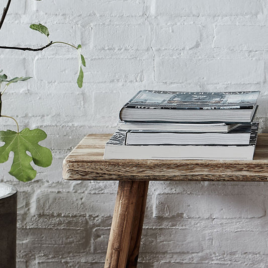 Rustic style wooden bench with books stacked on top and styled next to a houseplant. Laid back style for unique home decor.