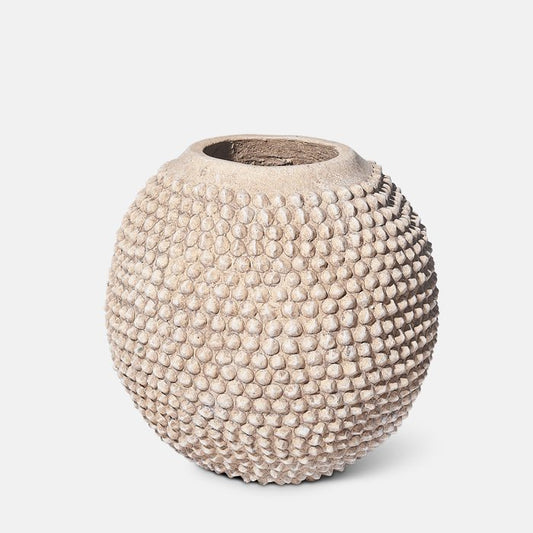 Large spherical brown vase covered in spiky bobbles