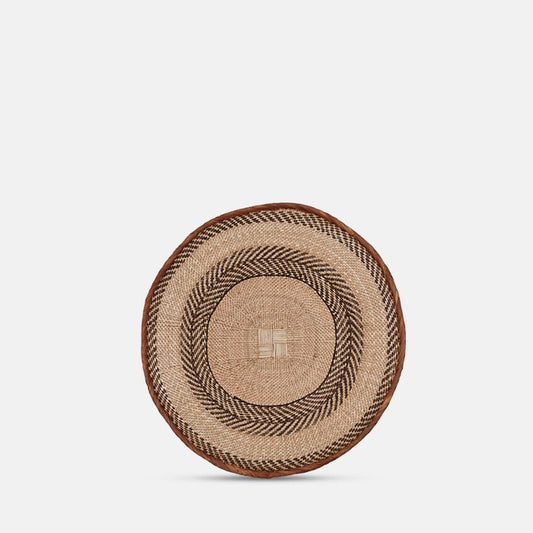Round woven basket with brown striped pattern and dark brown edge