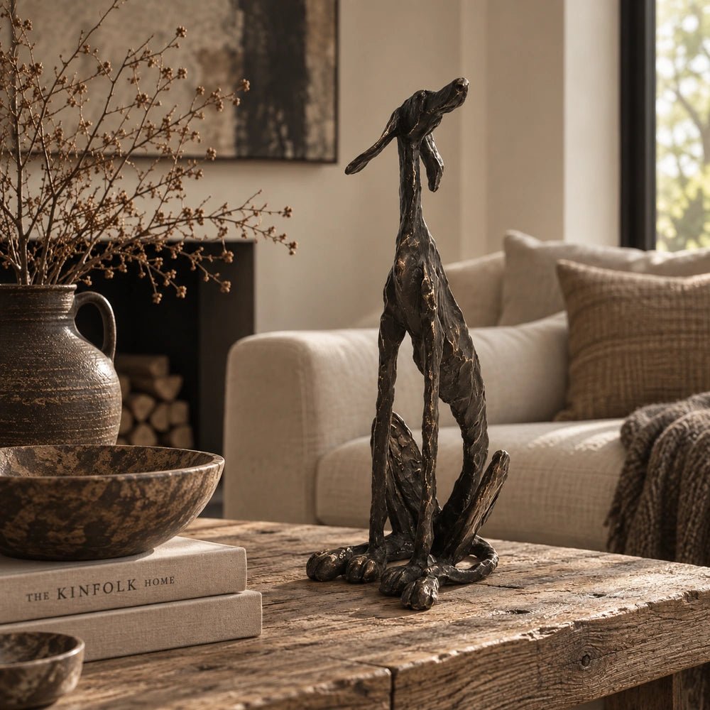 Arnie Sculpture styled on a coffee table in a warm contemporary living room, surrounded by neutral upholstery, decorative objects and layered natural textures.