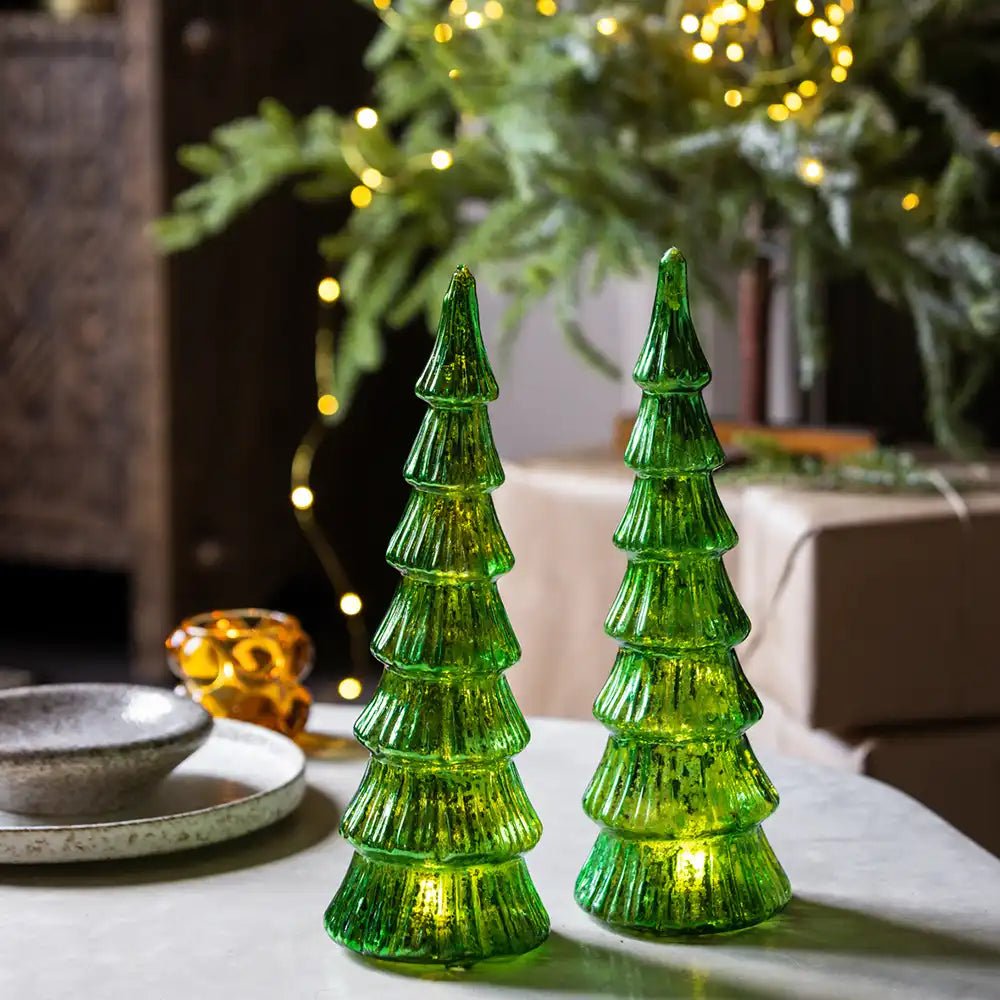 Aspen LED Lamp - Large tree-shaped green glass portable lamp adding festive charm to seasonal decor.