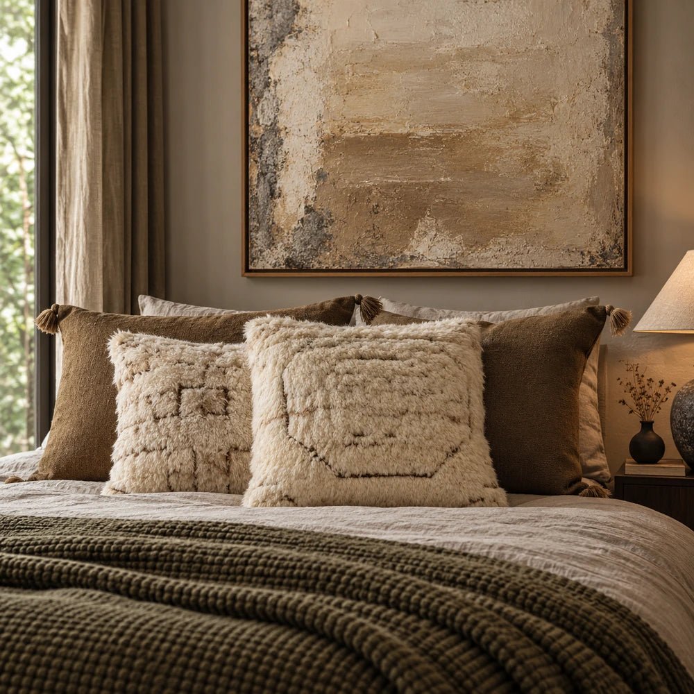 Astoria Wool Cushion with neutral woven texture and fringed edges, styled on an upholstered armchair in a warm layered contemporary interior.