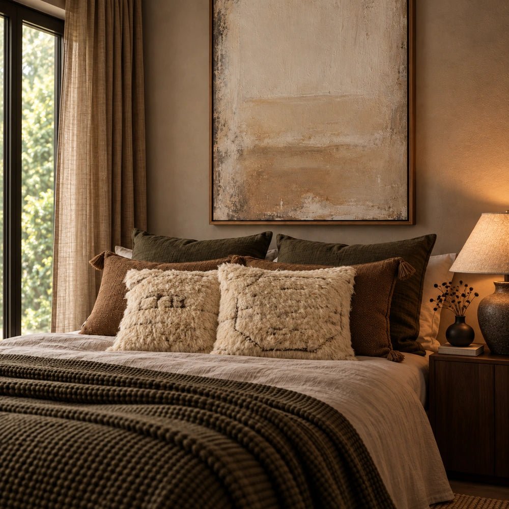 Astoria Wool Cushion with soft neutral woven texture and fringed edges, styled on a sofa with layered cushions in a warm contemporary living room.