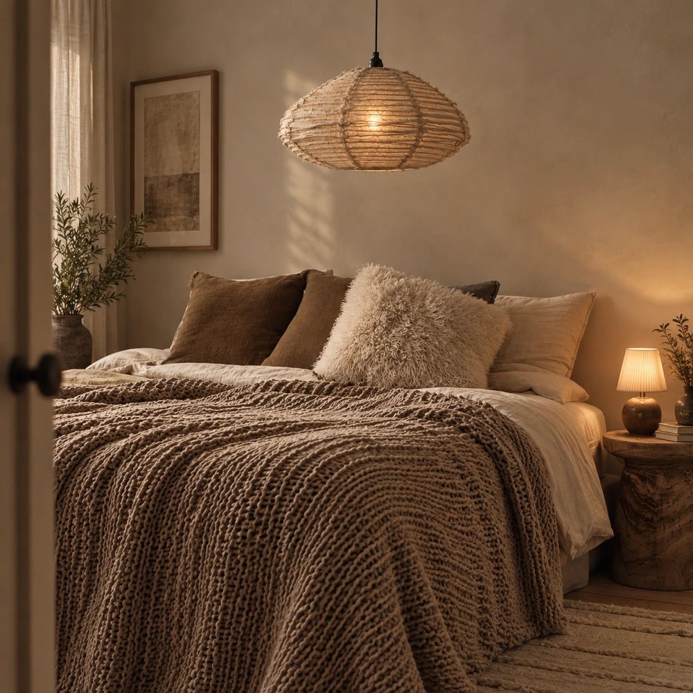 Atmore Fabric Pendant Light with softly textured neutral shade, hanging in a calm contemporary room with warm tones, natural materials and layered furnishings.