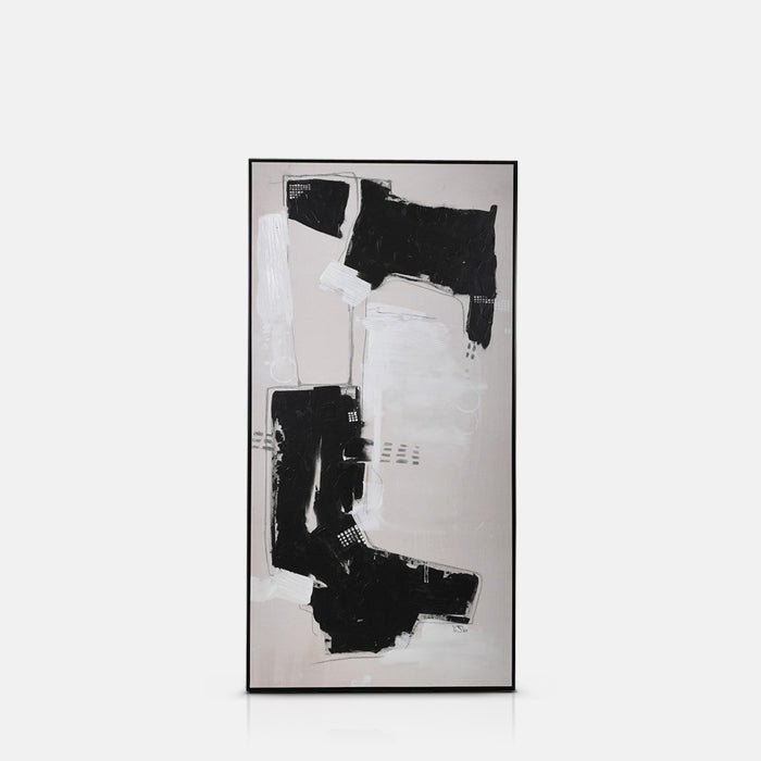 Cutout of the Avola Abstract Canvas, a long rectangular canvas in black frame with an abstract black and white textured print