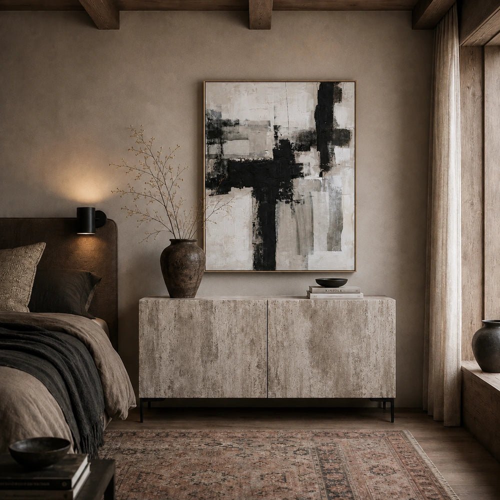 Axis Canvas Art displayed above a console in a warm neutral interior, styled with sculptural objects, textured ceramics and contemporary decorative accessories.