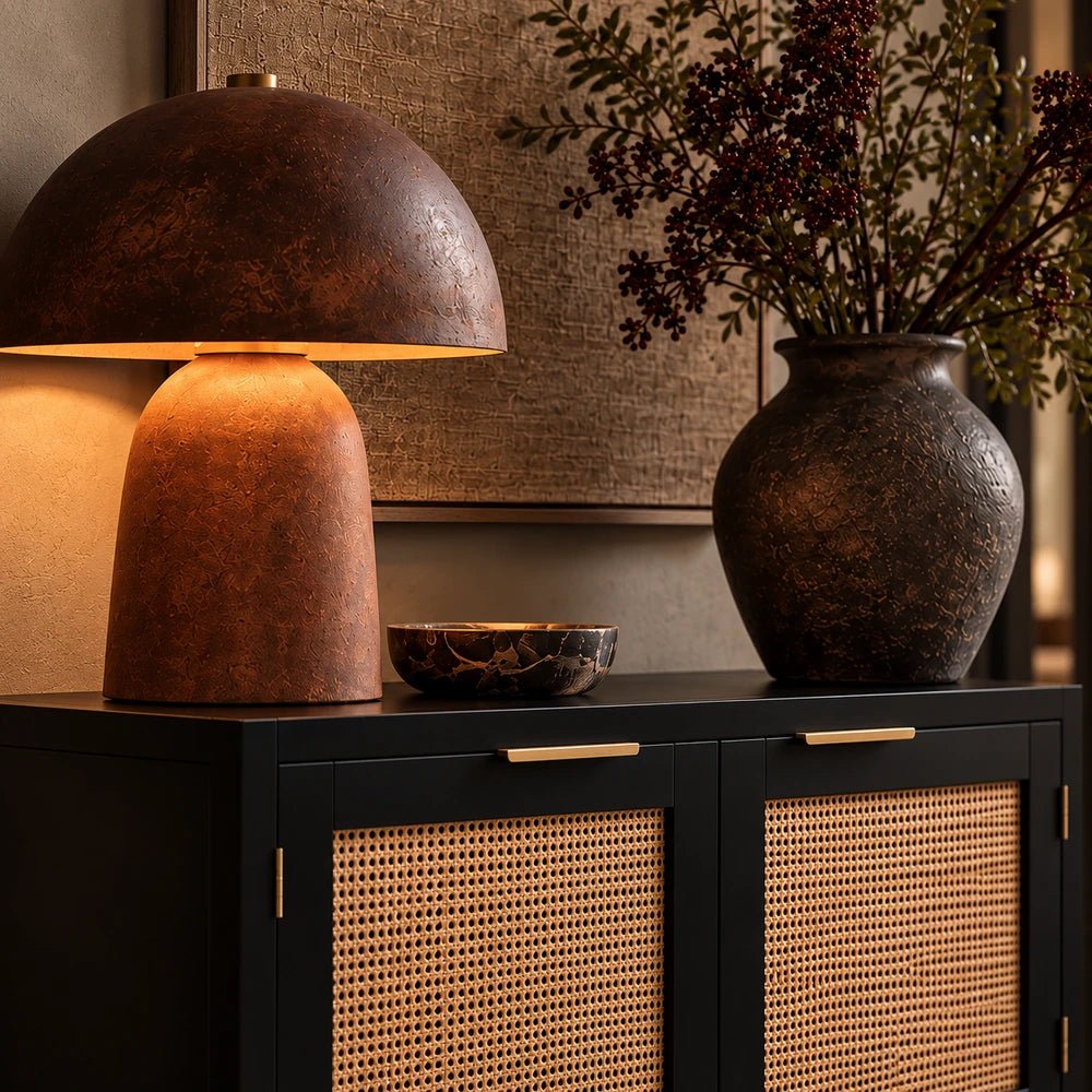 Bailey Black Wood Cabinet with dark geometric door fronts, styled with sculptural decor and neutral accessories in a warm contemporary interior.