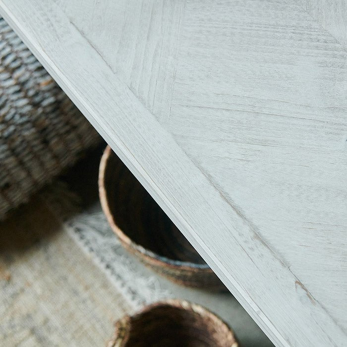Bronson parquet console table herringbone wood pattern closeup modern entryway furniture detail