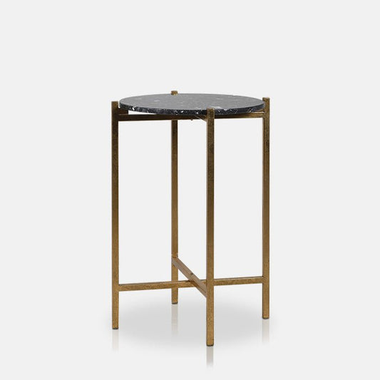Round Faux black marble side table with a criss-cross gold frame