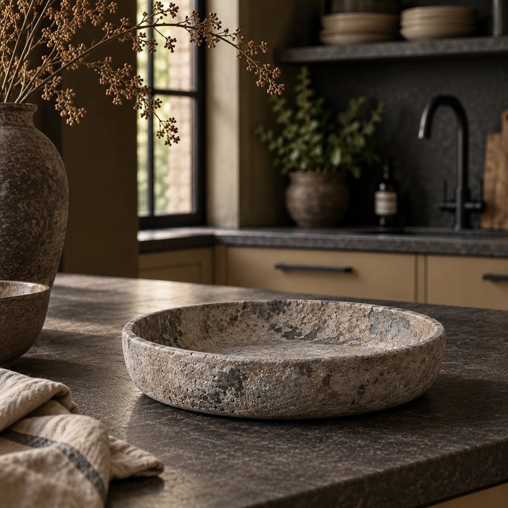 Broxtowe Cement Bowl with broad shallow form and mottled textured surface, styled on a dark kitchen island in a warm contemporary kitchen setting.