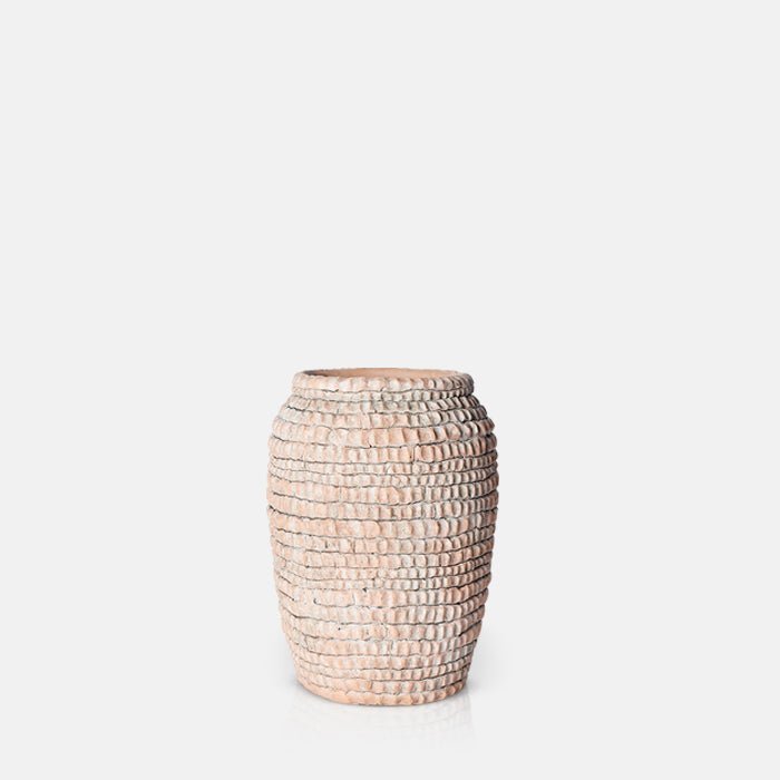Cutout on a white background of a brown ceramic vase with a bobble texture.