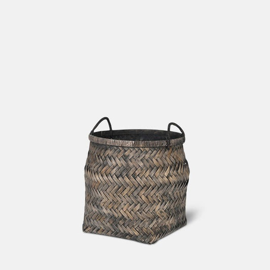 Black wash woven basket with two handles and a square shape