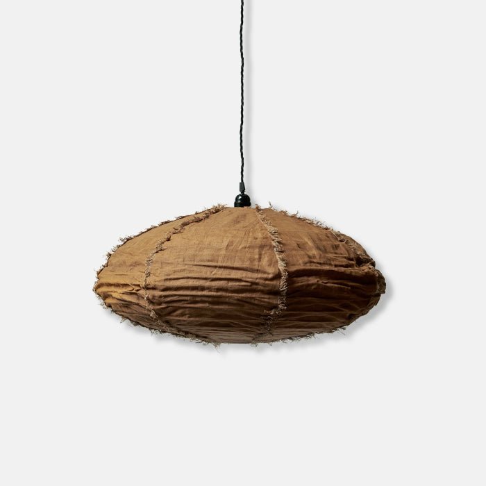 Caramel coloured oval linen lampshade.