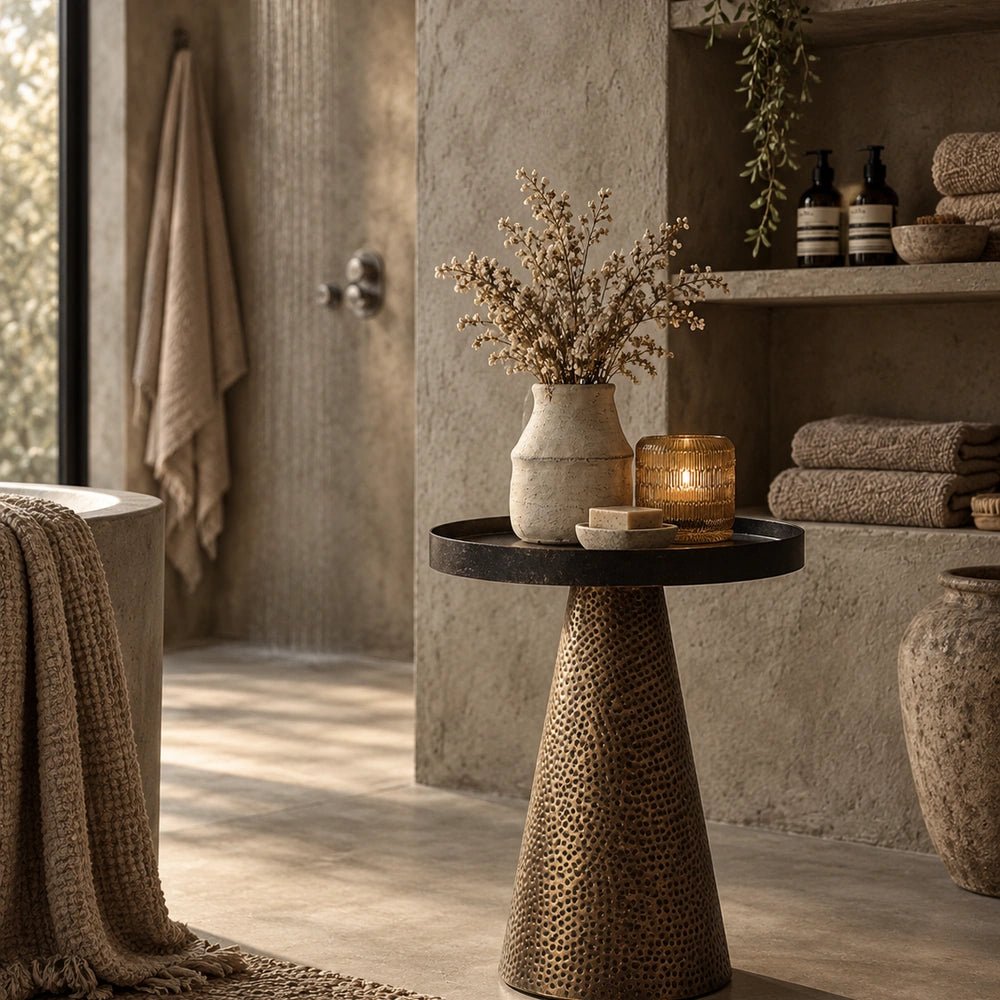 Dunham Metal Side Table beside a cream sofa, with a sculptural dark pedestal base and round top, styled in a warm neutral living room.