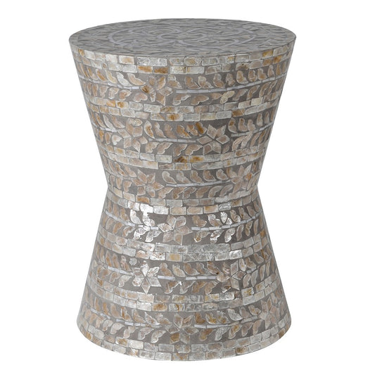 Hourglass shaped stool with flat, round top and mosaic shell interlay in soft cream and grey tones