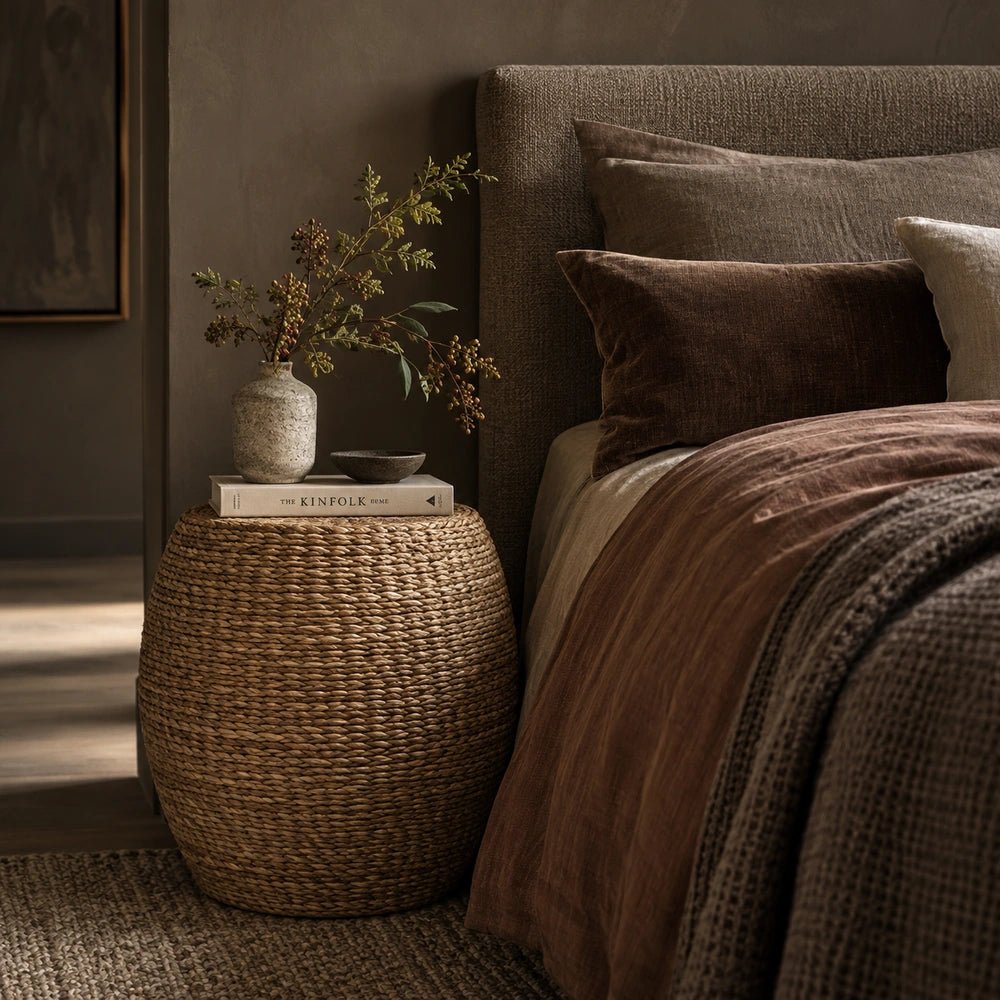 Elias Seagrass Stool with rounded woven form styled as a bedside table beside layered neutral bedding, topped with books, a small vase and foliage.