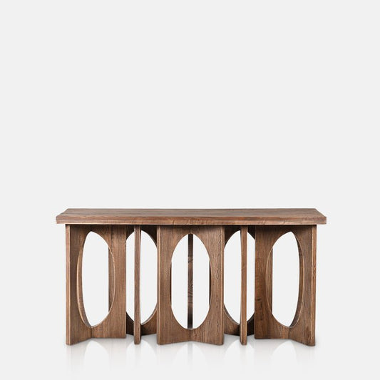 Slim wooden console table with an elaborate circular cutout base