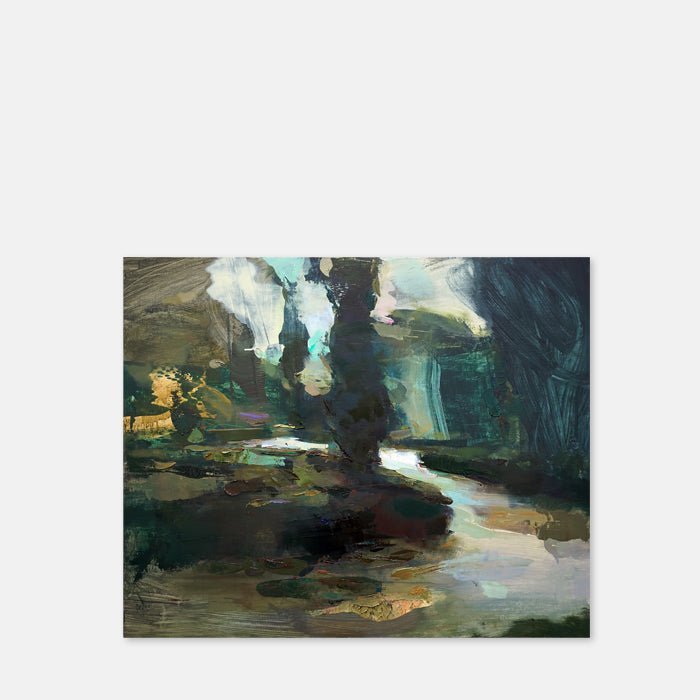 A cutout of Garden View #63, an original painting in mixed media on wood depicting a garden in inky green jewel-like tones.