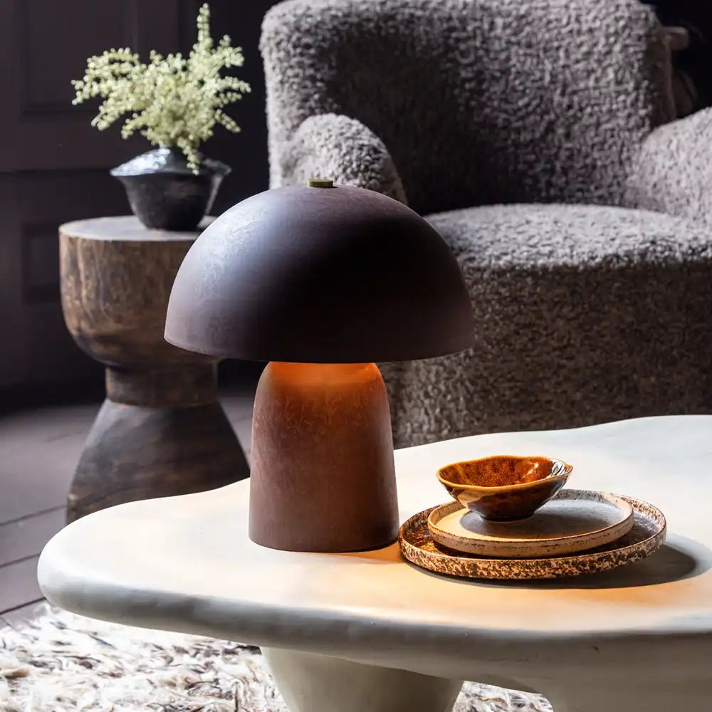 Georgia rust table lamp metal dome shade warm bronze modern lighting styled coffee table interior