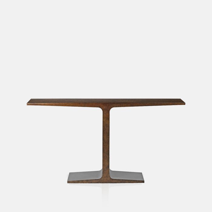 A cutout of the Harrow Console, with a sculptural t-shape in a burnished iron finish.
