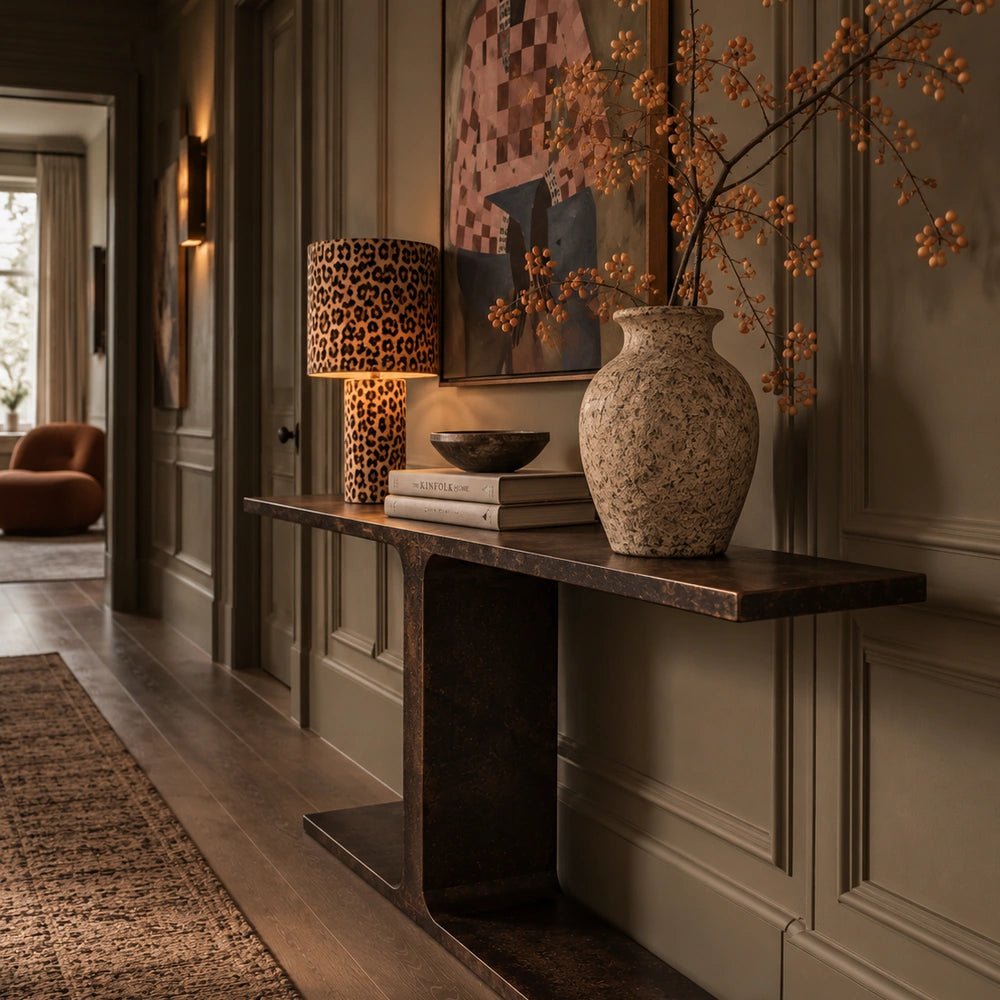 Harrow Console with dark sculptural frame and open shelving, styled beneath wall art with lamps, ceramics and decorative objects in a warm interior.