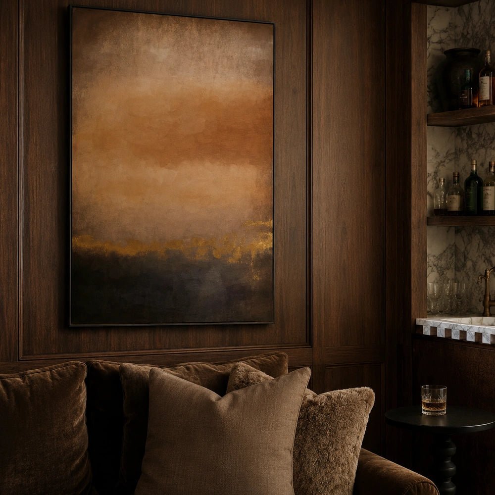 Hearst Canvas Art displayed above a dark sideboard, with expressive neutral artwork framed by sculptural lighting and decorative objects in a styled interior.