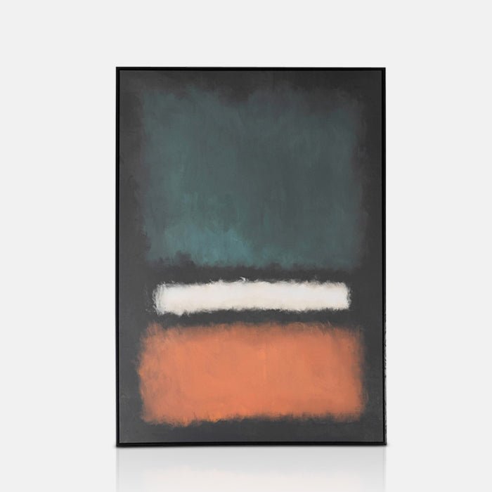 A cutout of the Helia Abstract Print, a dramatic print of coral, inky blue and white tones on a black background.