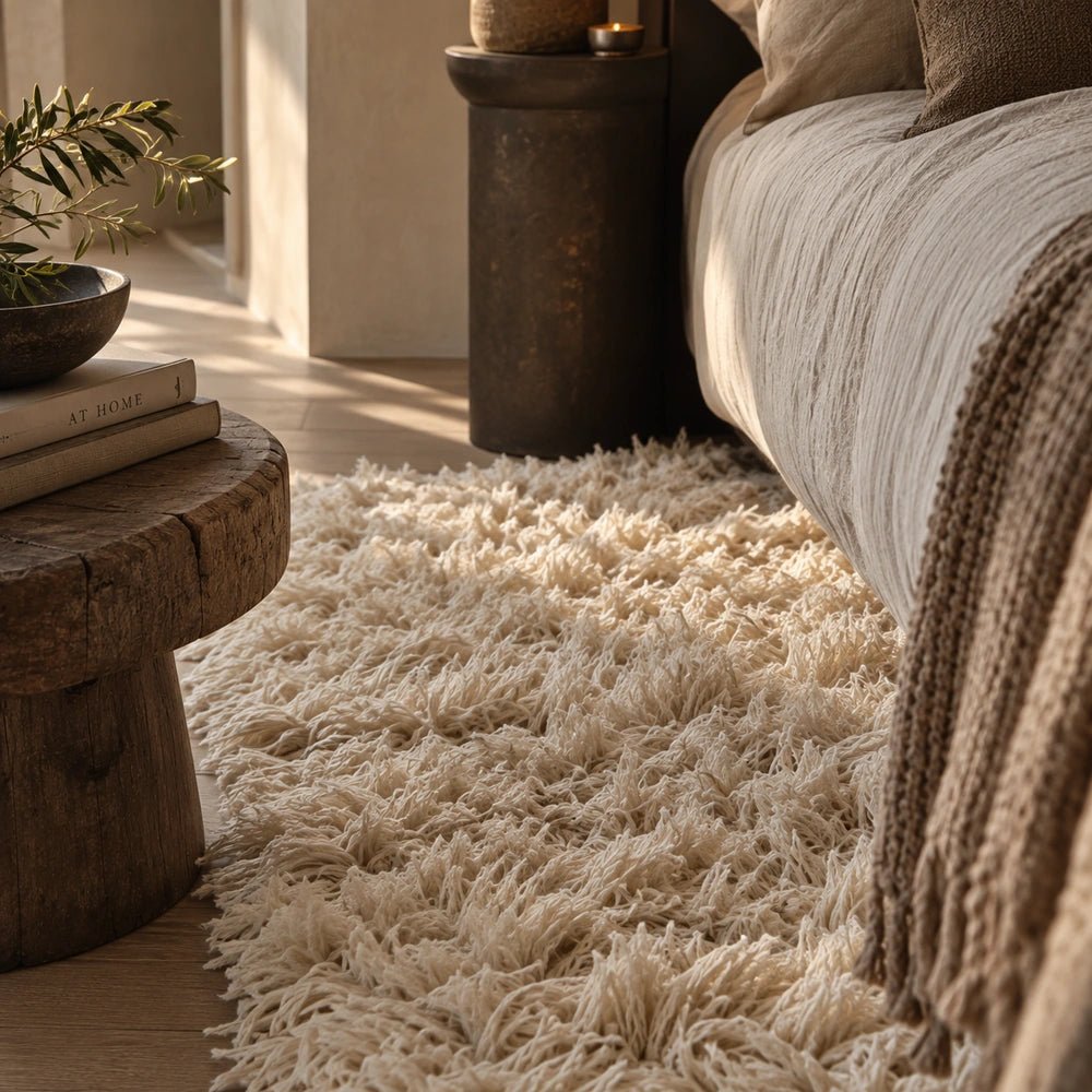 Juliette Shaggy Rug shown close up beside a bed, highlighting its thick cream shaggy pile and soft textured surface in a warm neutral bedroom.