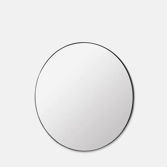 Large round mirror with a thin black metal frame