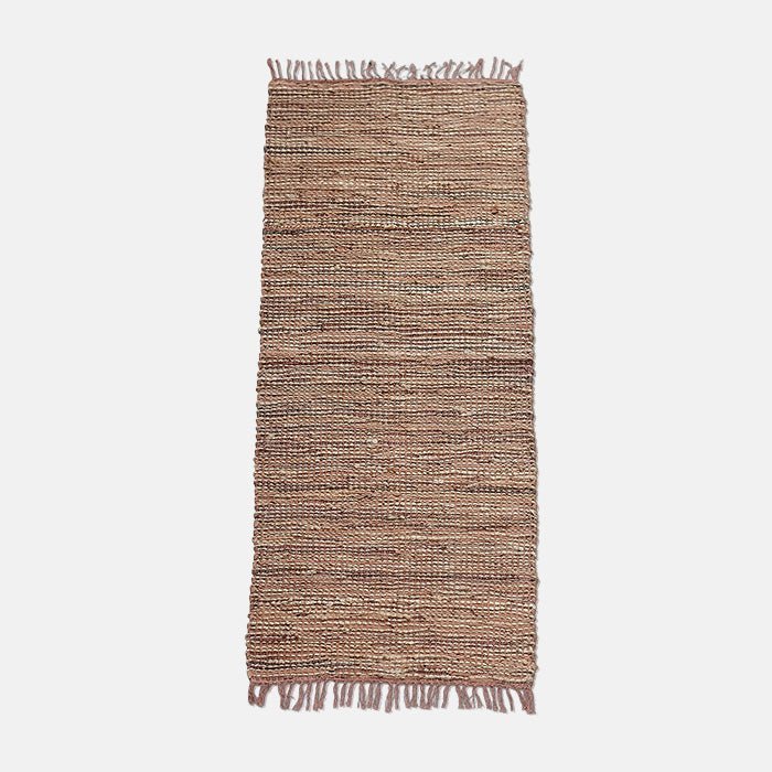 Woven brown leather runner with tasseled ends.