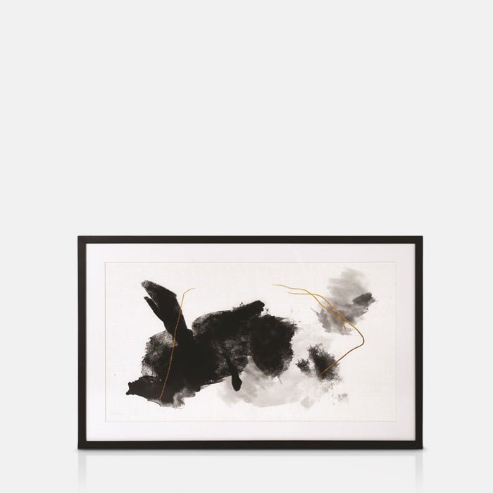 Cutout of Kotoro Abstract Print, an abstract watercolour style print in black and white with gold line design in black frame.