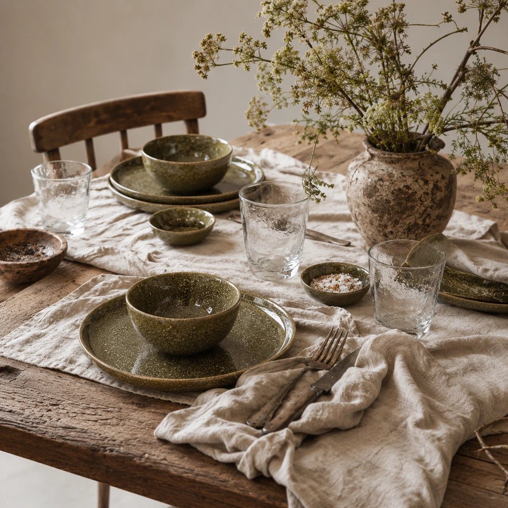 Koya Ceramic Dinner Set arranged across a rustic dining table with earthy green bowls and plates, clear glassware, natural linen and leafy branches.