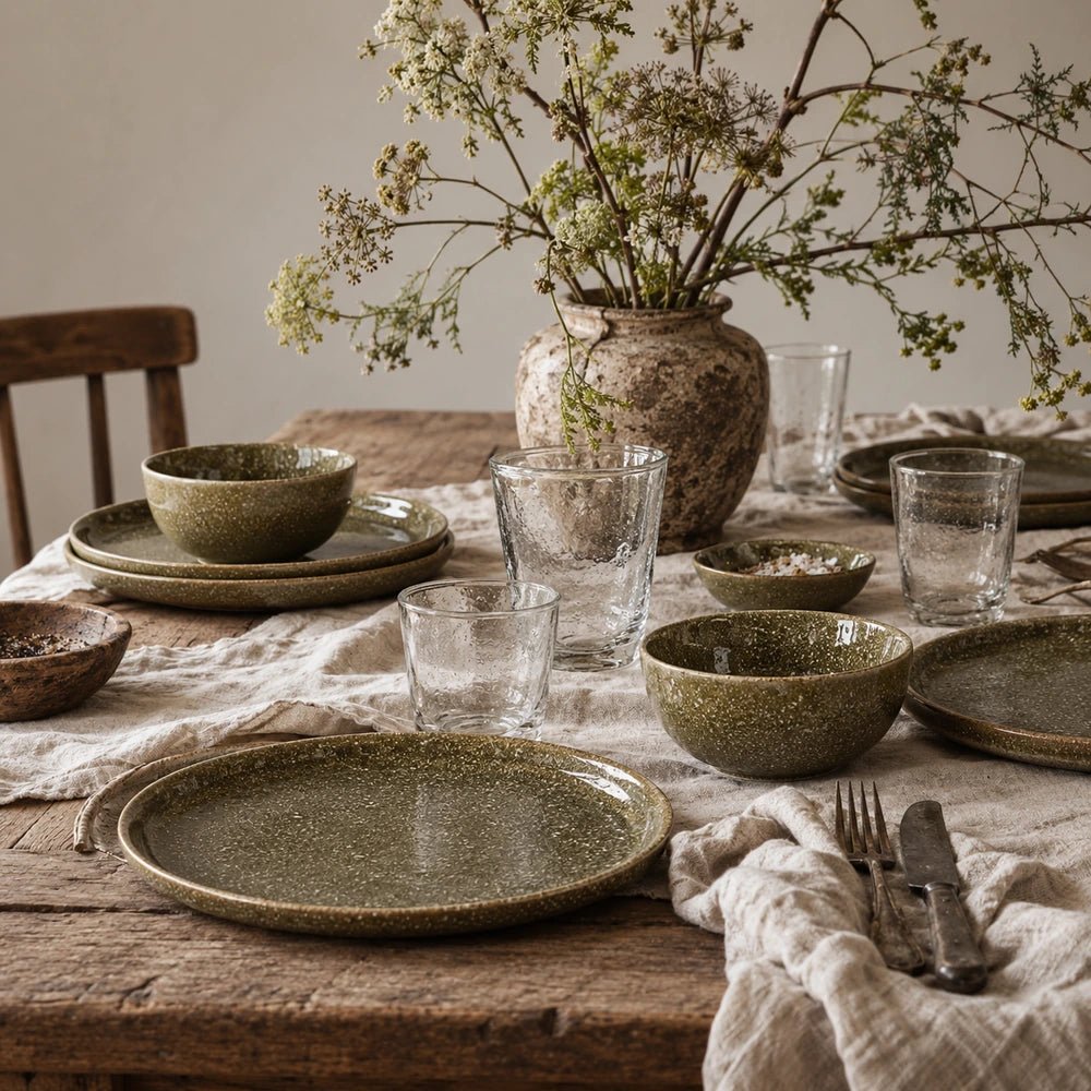 Koya Ceramic Dinner Set styled as relaxed place settings with earthy green plates and bowls, clear drinking glasses, crumpled natural linen and foliage.