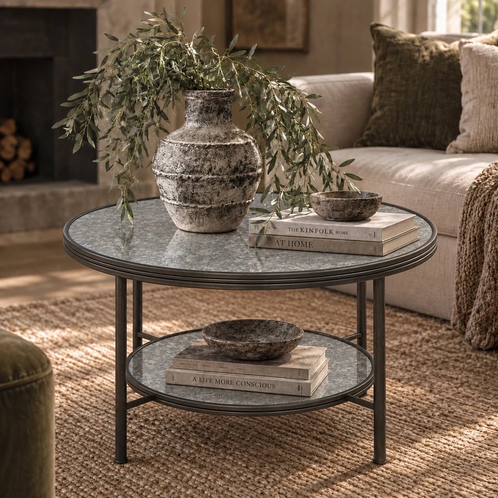Leiden Metal Coffee Table styled in a neutral living room, showing its round two-tier frame and reflective surfaces with a decorative vase and books.