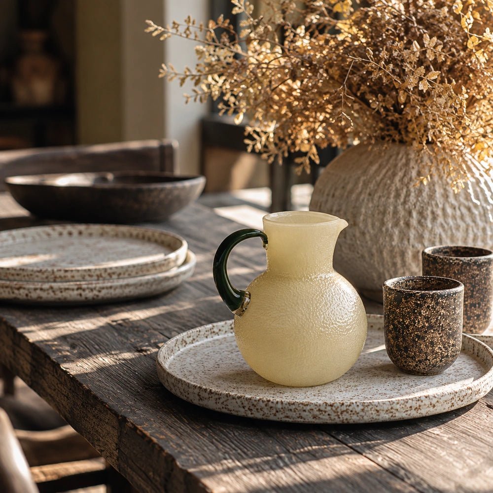 Limone Glass Jug in pale yellow textured glass with a dark green handle, styled among plates, cups and dried flowers on a rustic dining table.