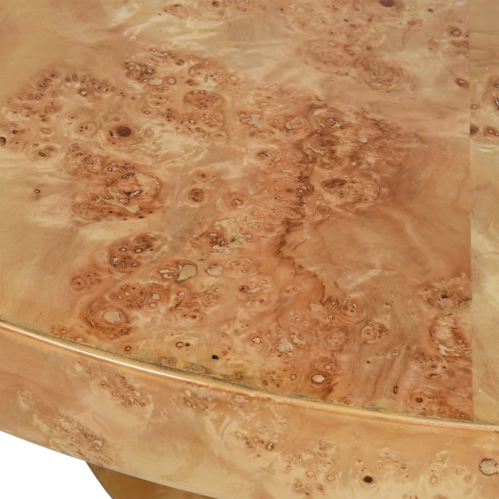 Close-up of the Abigail Ahern Isolde Burl Wood Dining Table showcasing the intricate, one-of-a-kind swirling grain and richly textured natural wood surface.
