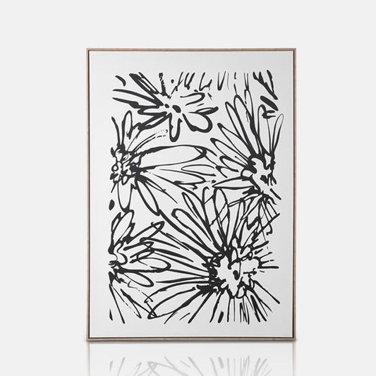Black line print of multiple large daisies on a white background in a frame