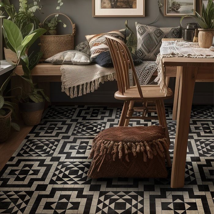 Large black and white tiled patterned vinyl rug underneath a dining table