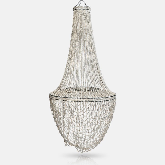 Cutout of the Montauk Pendant, a twist on the classic chandelier, made from tiny beaded shells in a delicate cream colour.