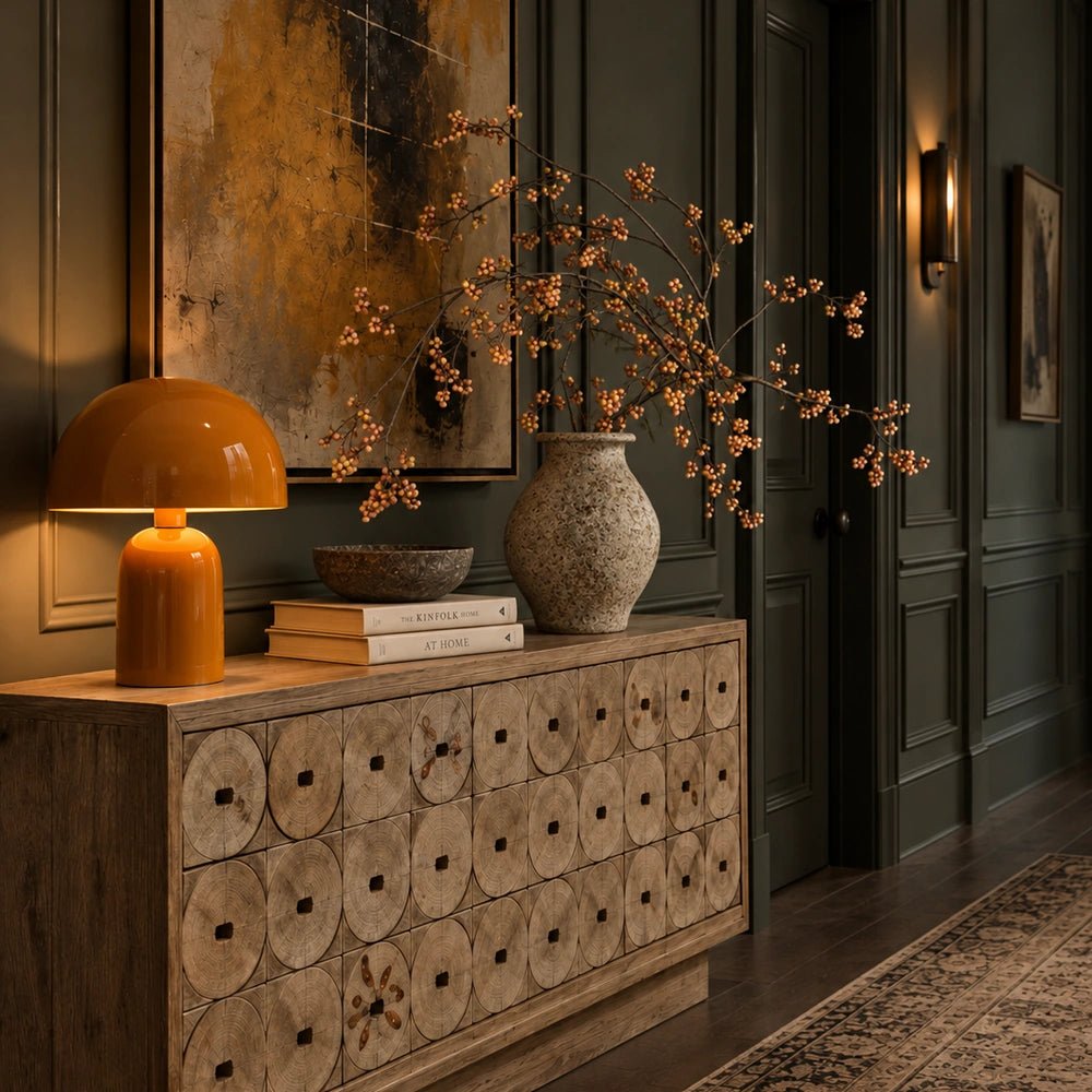 Myton Wooden Sideboard with dark textured doors and warm wood finish, styled with sculptural vases, branches and books against a deep neutral wall.
