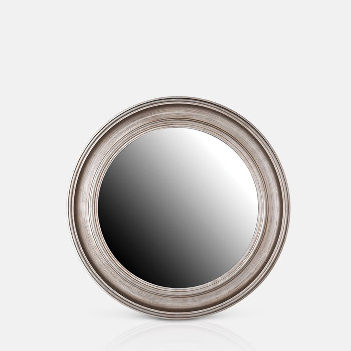 Large, round mirror with a chunky light wooden frame