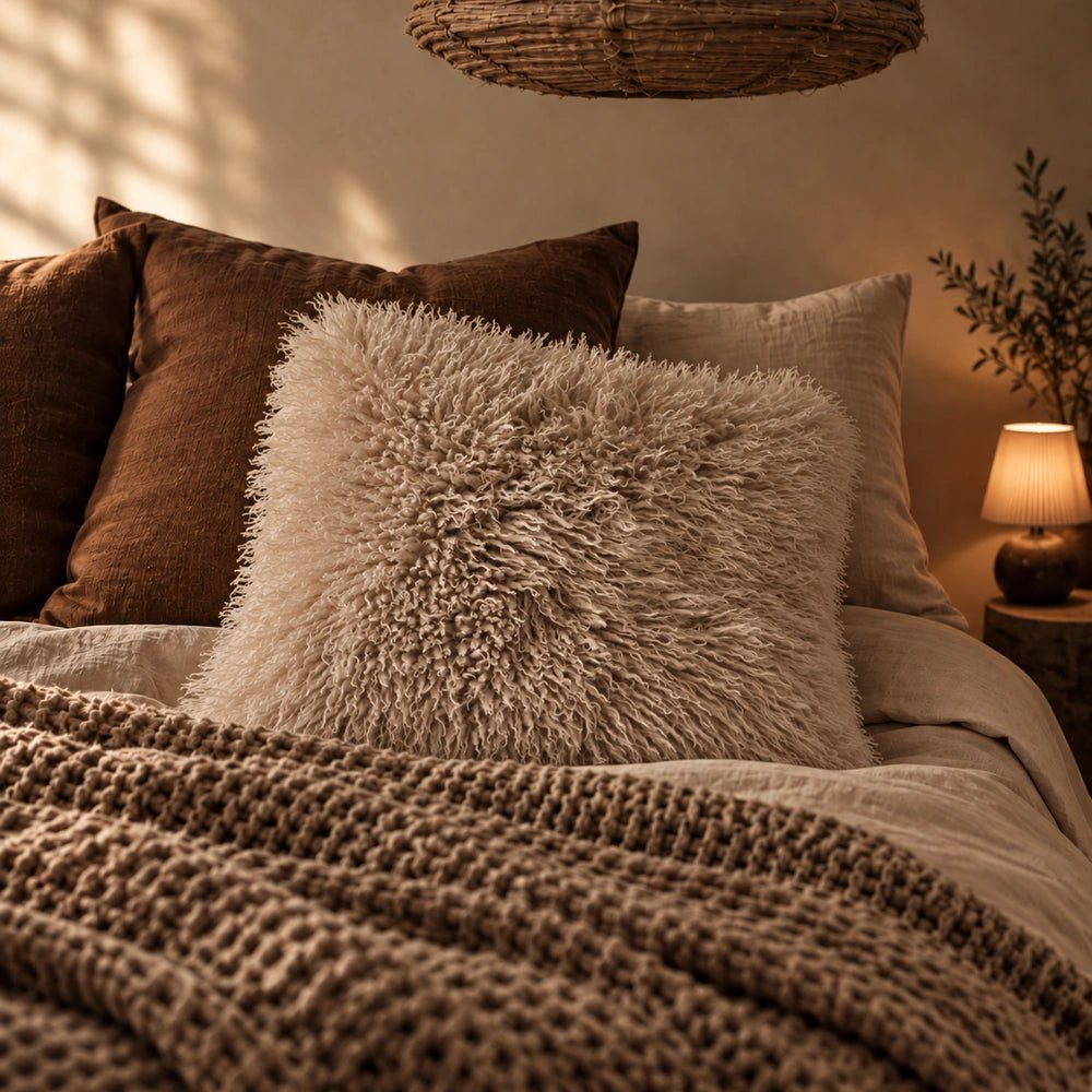Newark Faux Fur Cushion with soft shaggy cream texture, styled on a neutral sofa with layered cushions and a dark knitted throw in a warm interior.